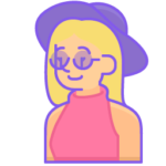 avatar of a blonde woman with sunglasses and a purple hat